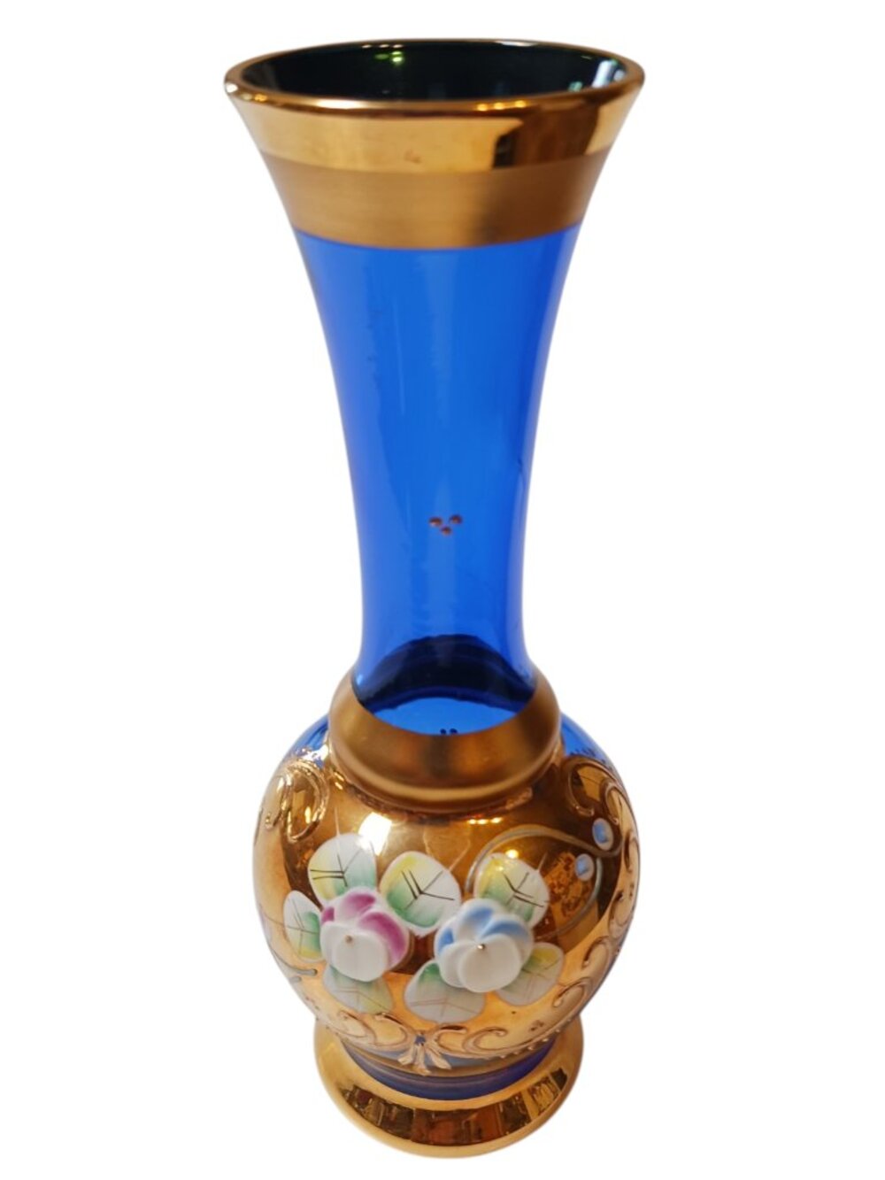 Vintage Czech Bohemian Cobalt Blue Floral Art Glass Vase 6"